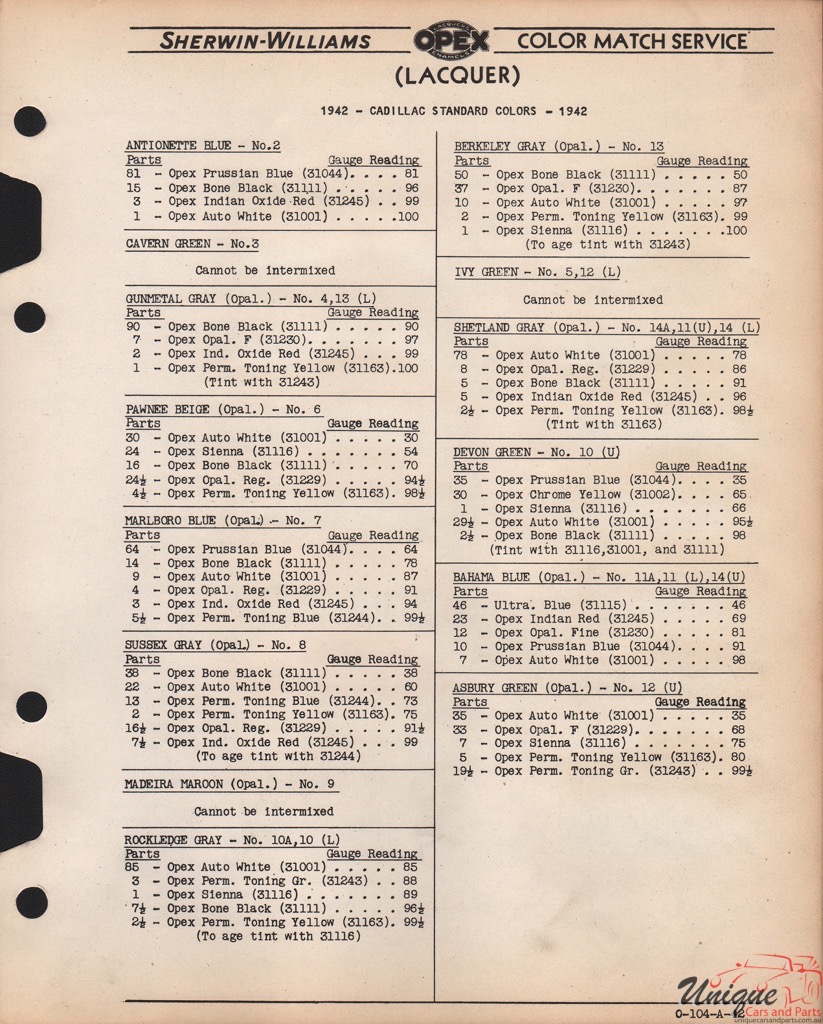 1942 Cadillac Paint Charts Williams 3